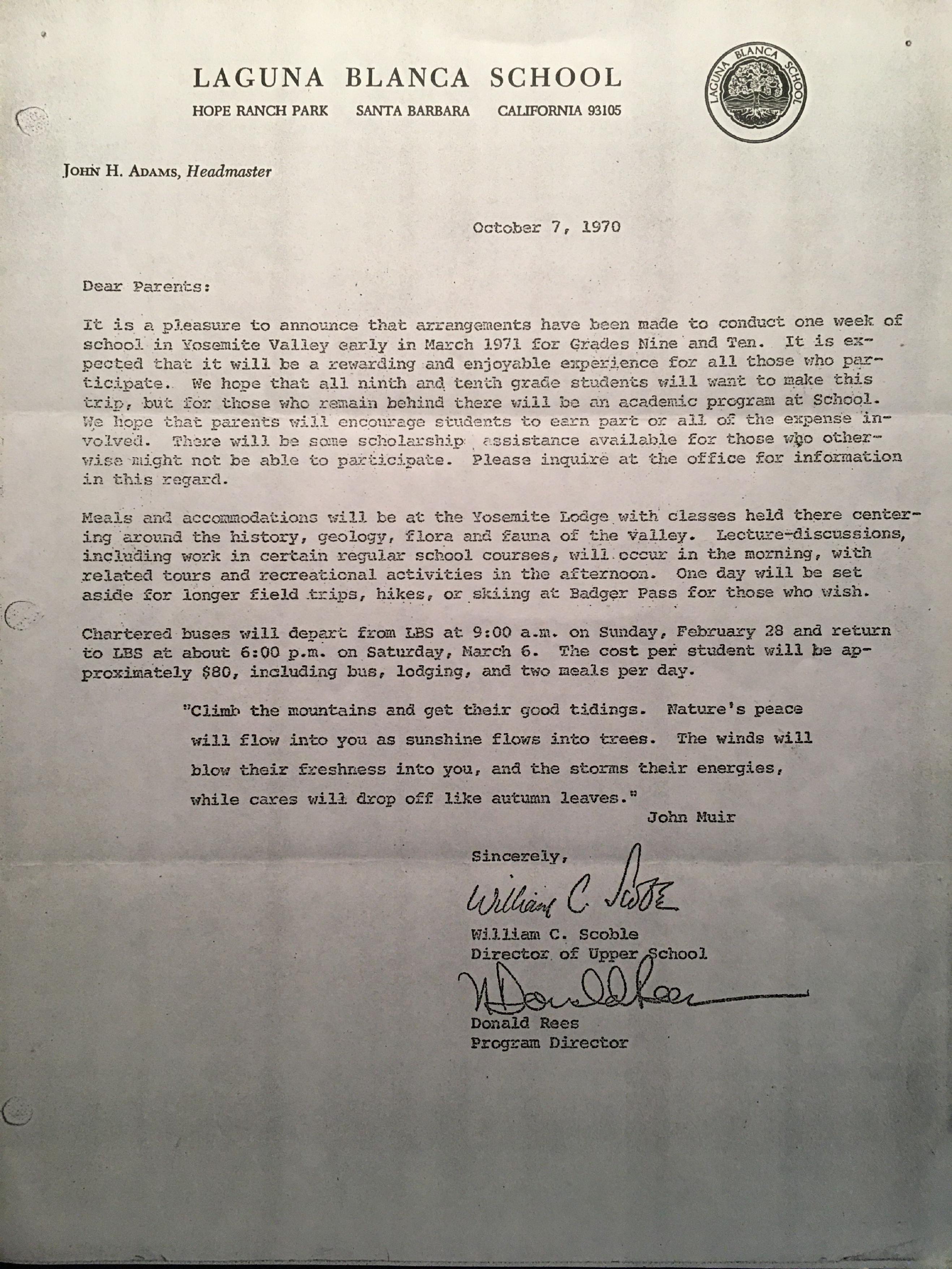 letter from laguna blanca high school 1970