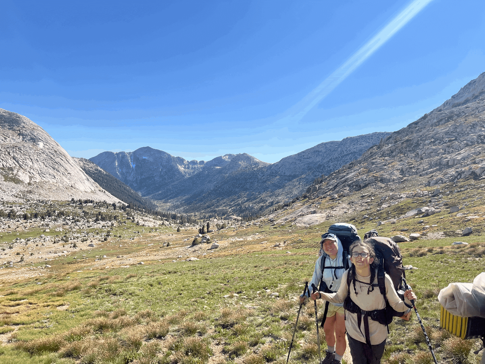 Two hikers in an alpine meadow