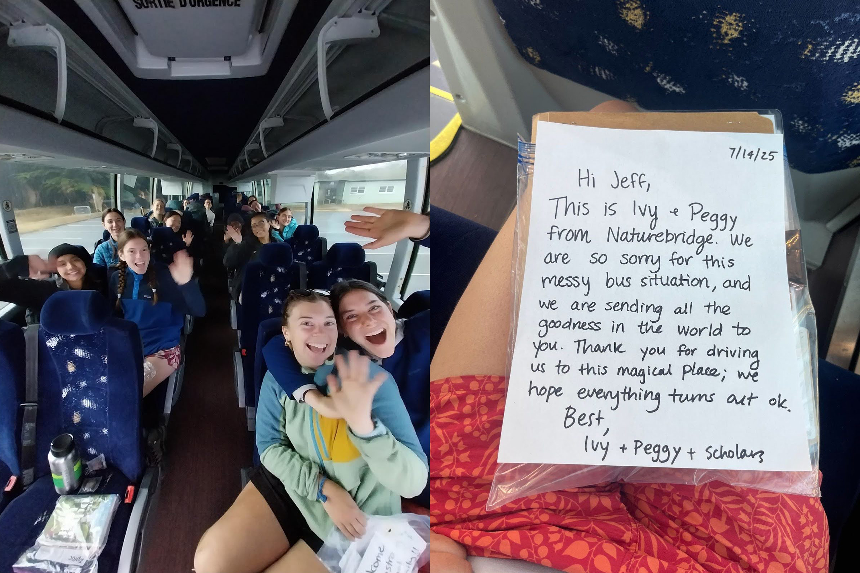 Armstrong Scholars and leaders on a bus; close-up of a handwritten note to the bus driver