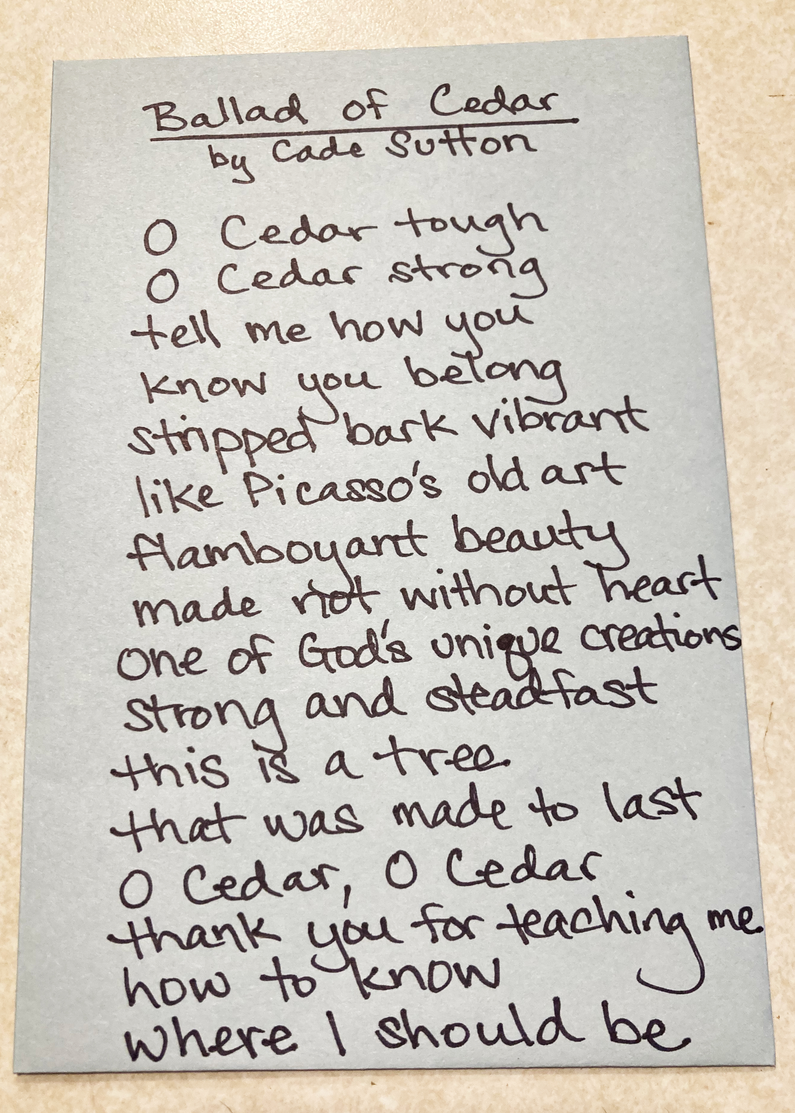 Handwritten text of Cade's poem titled Ballad of Cedar