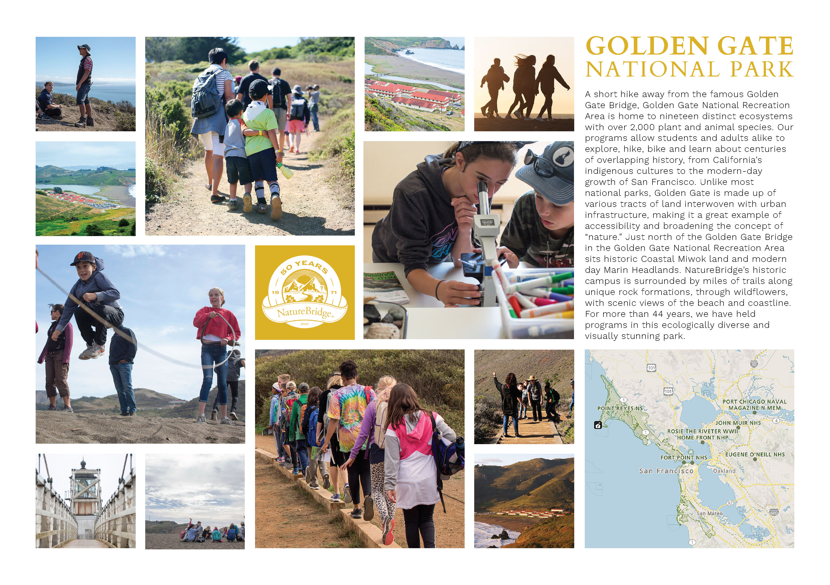 A collage of images from NatureBridge's Golden Gate campus
