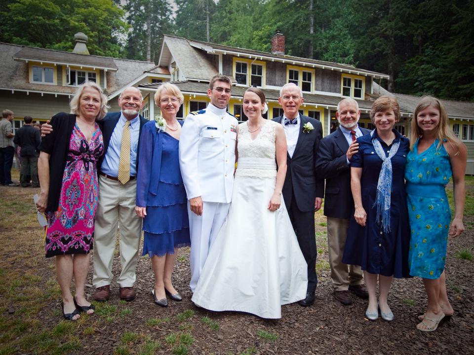 Newly married couple and wedding guests at NatureBridge Olympic
