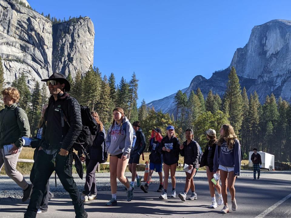Students hiking across Yosemite Valley