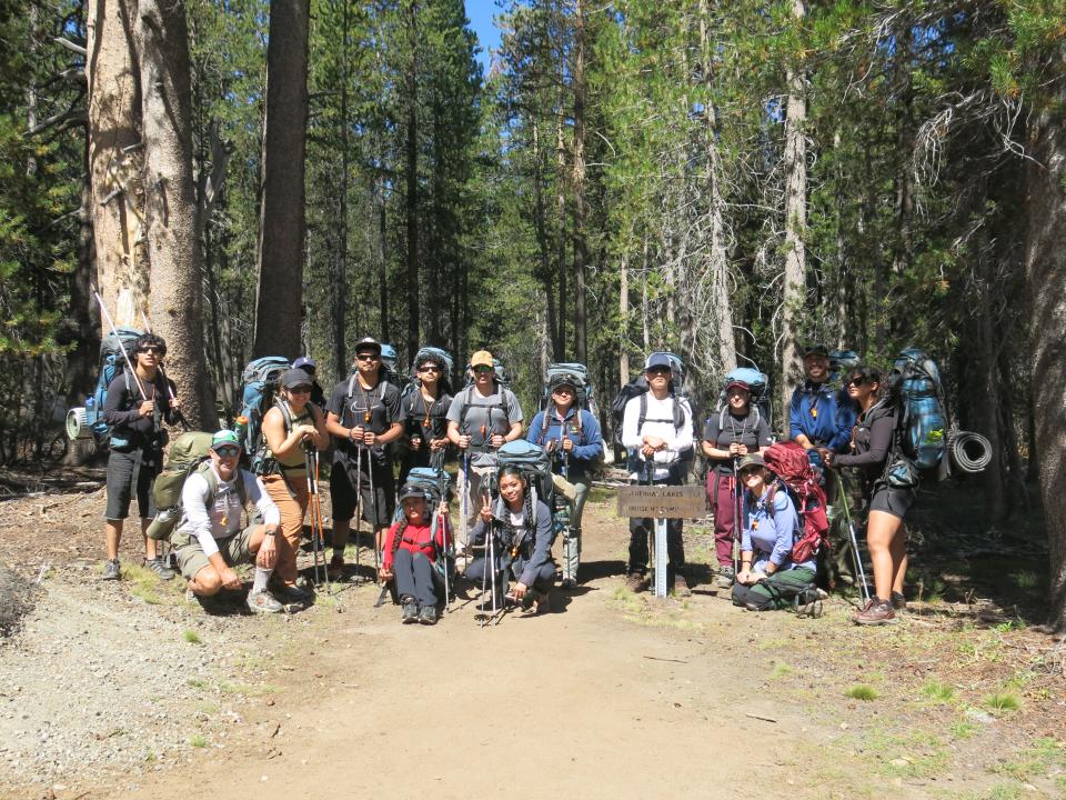 August 2024 Venture Academy group at Cathedral Lakes trailhead ready to hike. 