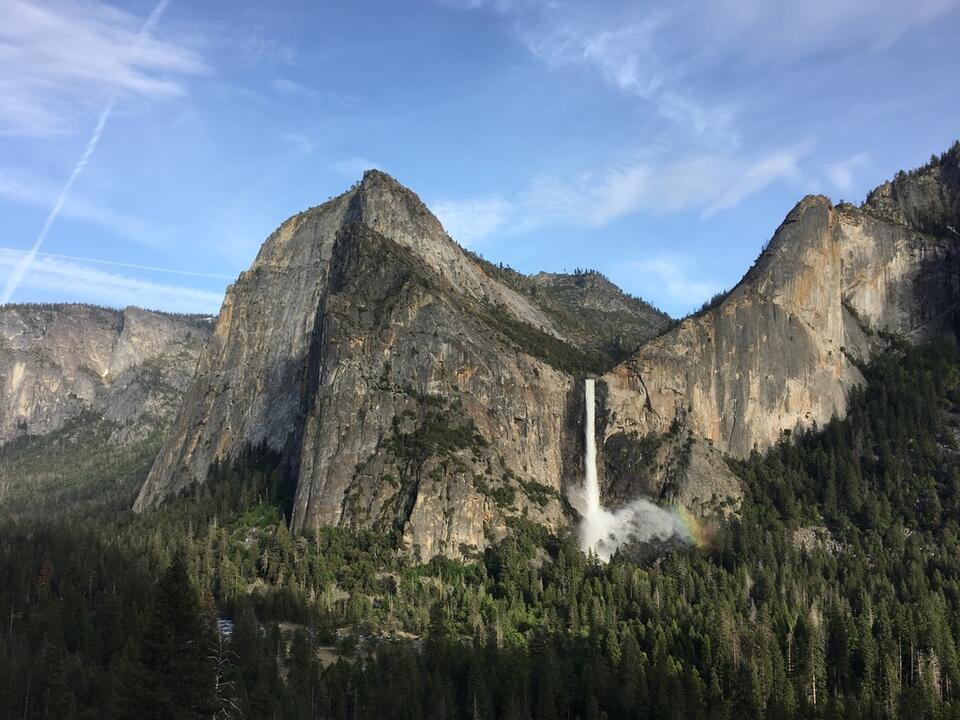 Bridal Vail Falls gushes thanks to melting snow in the Yosemite High Country.