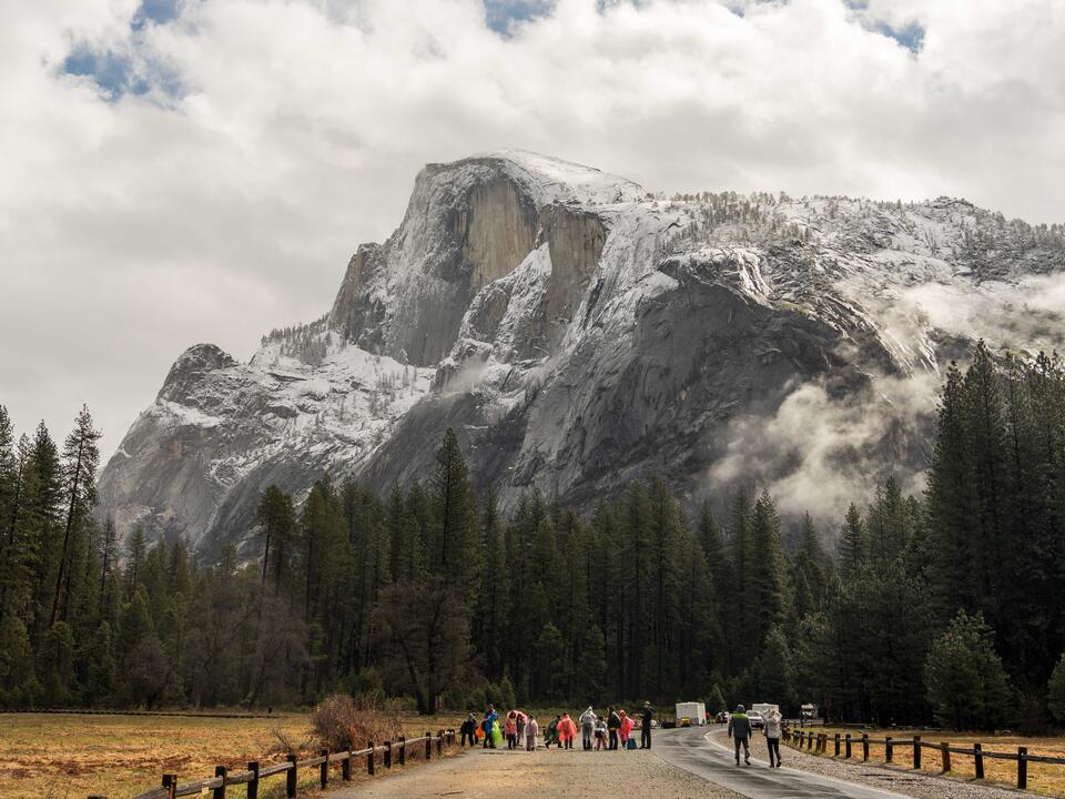 Students soak in the grandeur of Yosemite Valley on a rainy day