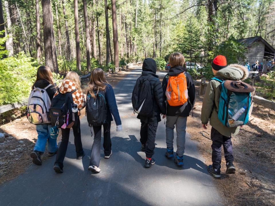 Students hiking through Yosemite Valley