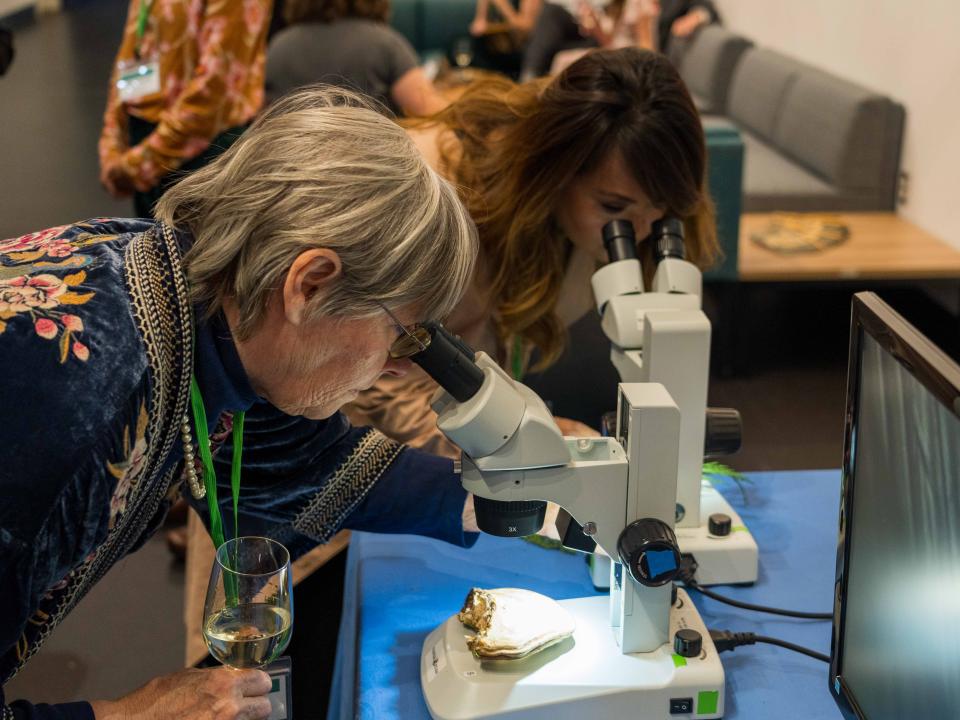 Close-up of a person peering into a microscope