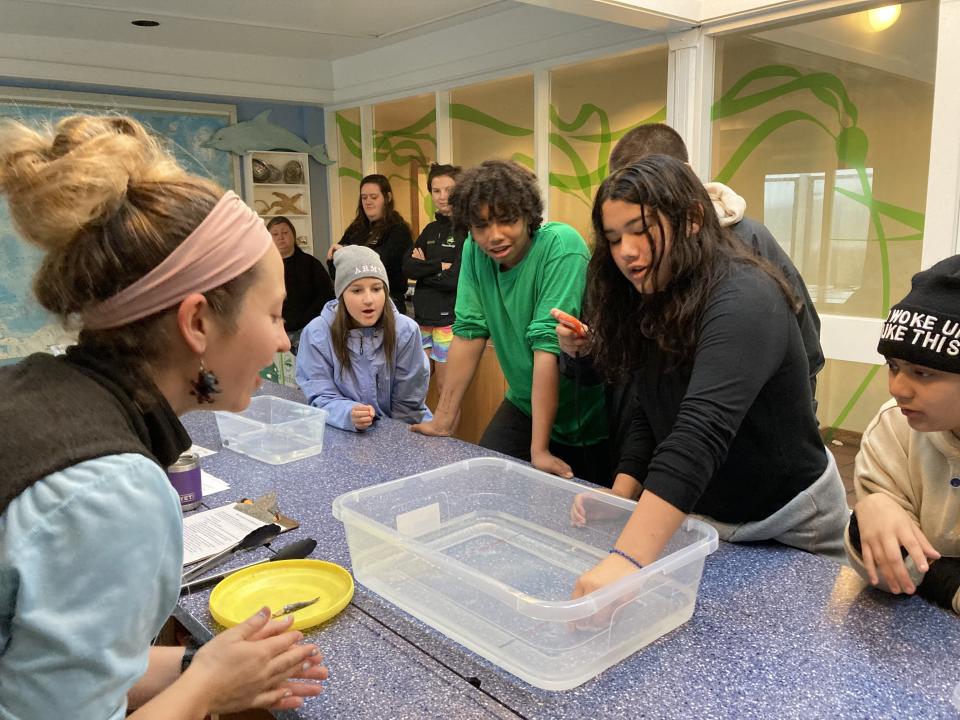 Students and educators gathered around a small tub inside the lab