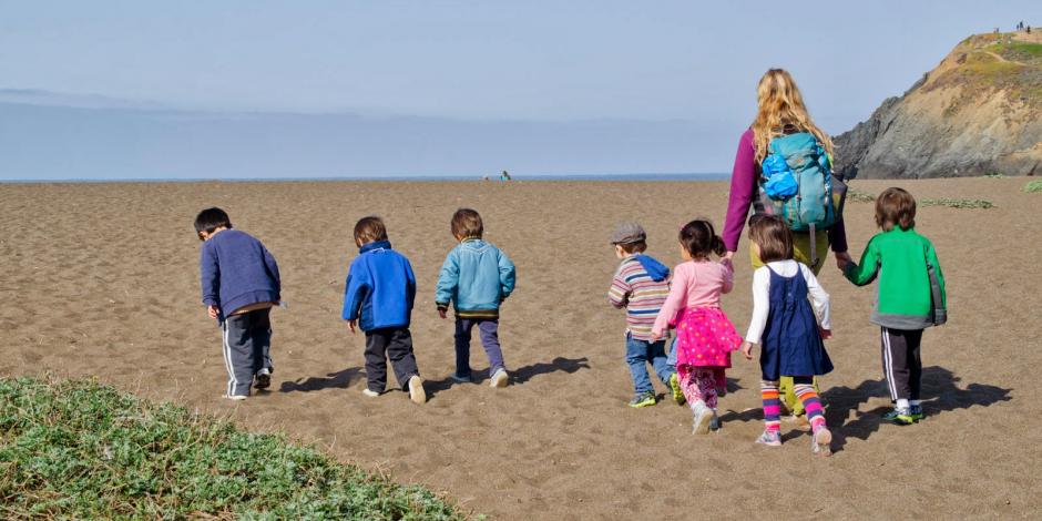 Preschool students going for a walk on Rodeo Beach