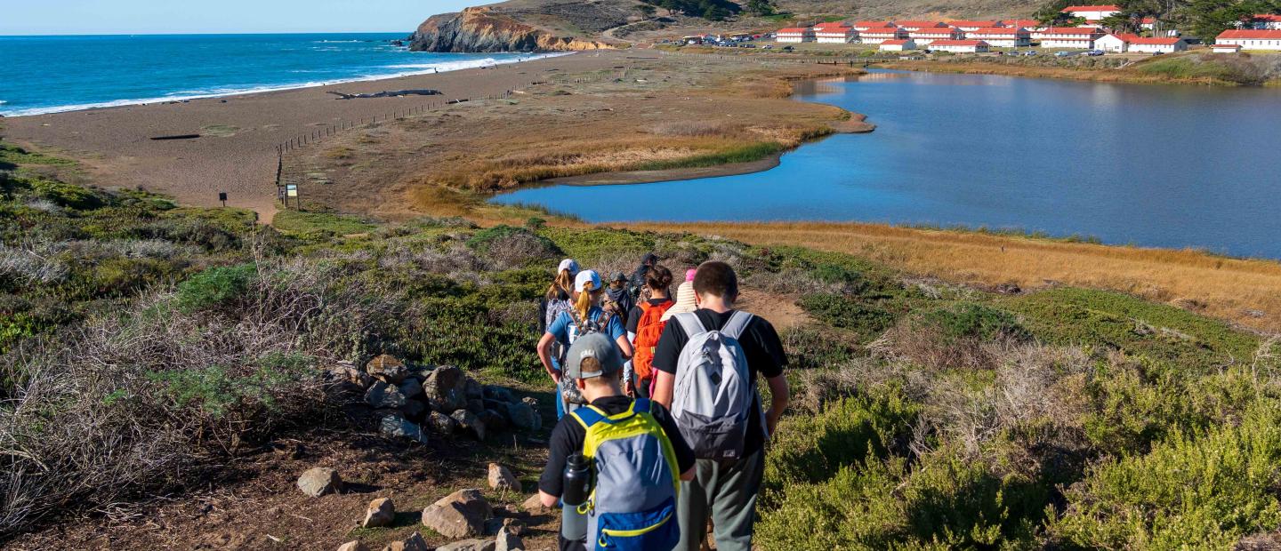 Students hiking along Rodeo Lagoon in the Marin Headlands