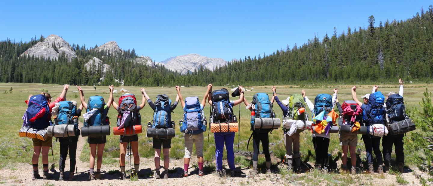 The Armstrong Scholars stand hand-in-hand looking at the Yosemite wilderness.