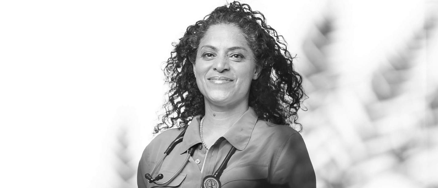 A black and white image of Dr. Nooshin Razani